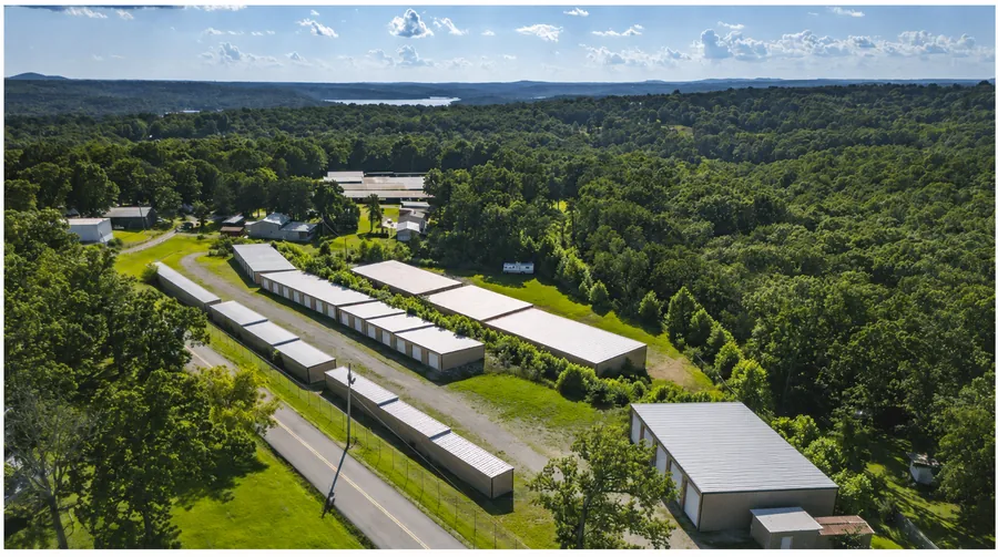 Aerial view of Spearhead Storage in Gamaliel, AR with Norfork Lake in the distance