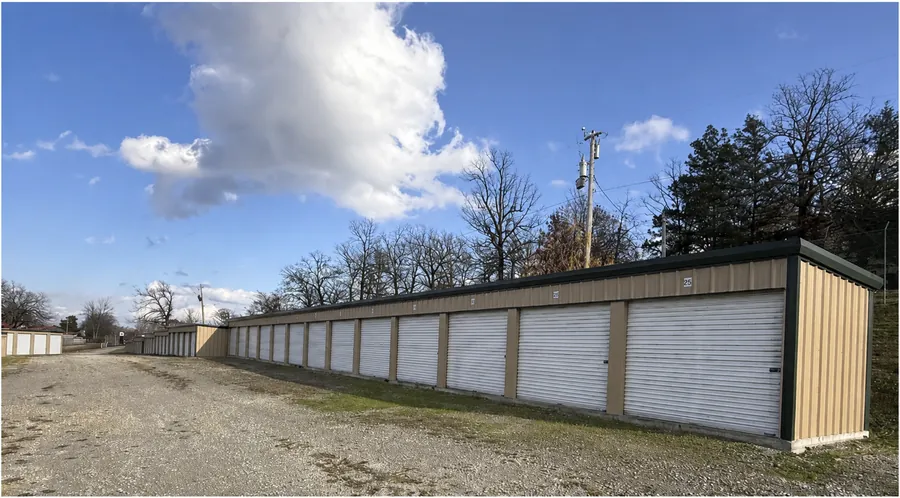 Long row of drive-up storage units at Spearhead Storage in Gamaliel, AR